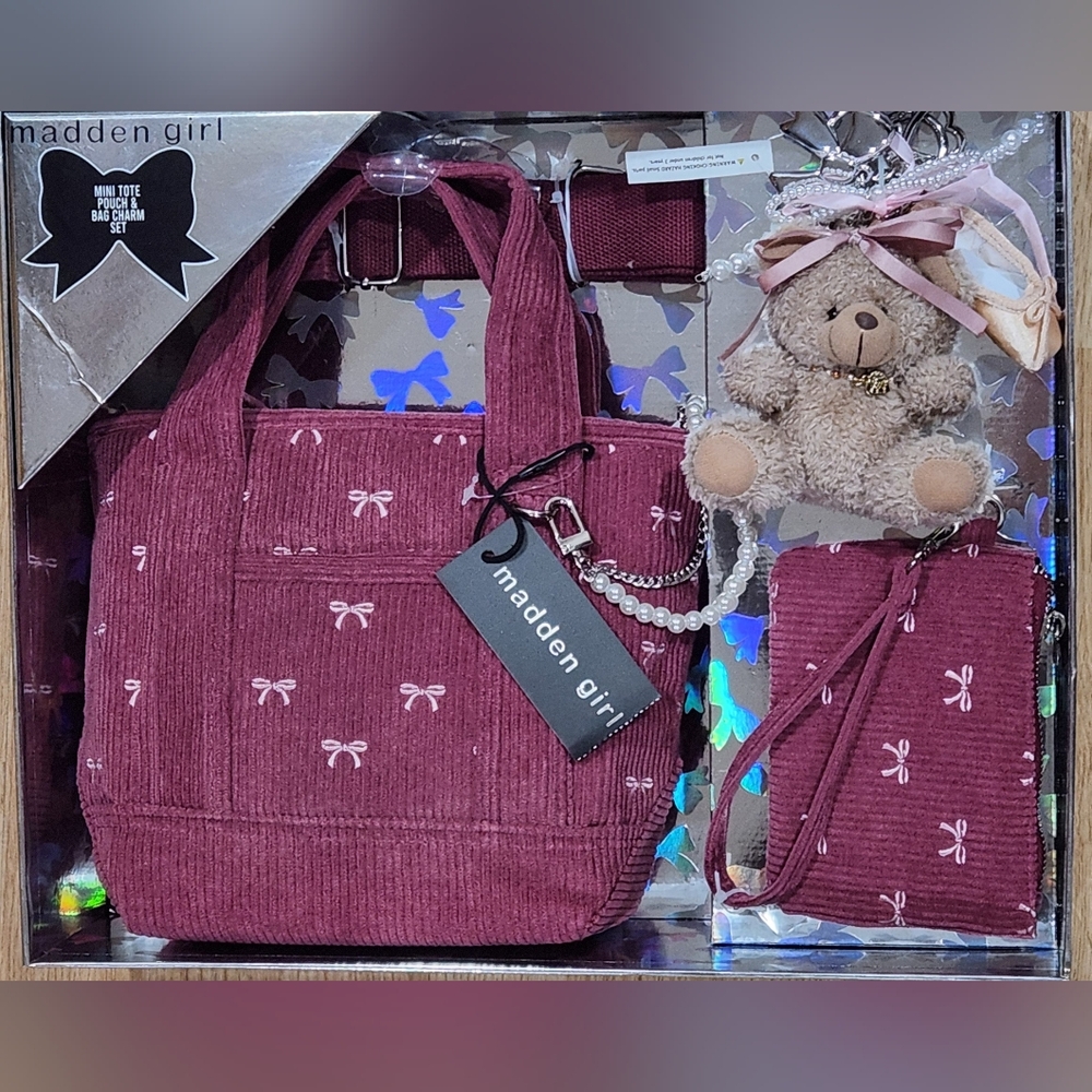 Madden Girl Corduroy Tote and Wallet Gift Set with Bear Keychain